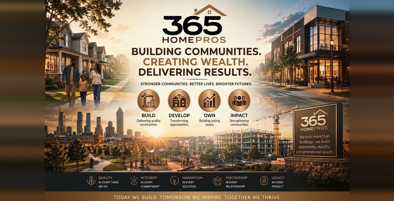 365HomePros — Building Communities. Creating Wealth. Delivering Results. Stronger Communities. Better Lives. Brighter Futures. Build: delivering quality construction. Develop: transforming opportunities. Own: building lasting assets. Impact: strengthening communities. Quality, Integrity, Innovation, Partnership, Legacy. Today We Build. Tomorrow We Inspire. Together We Thrive.